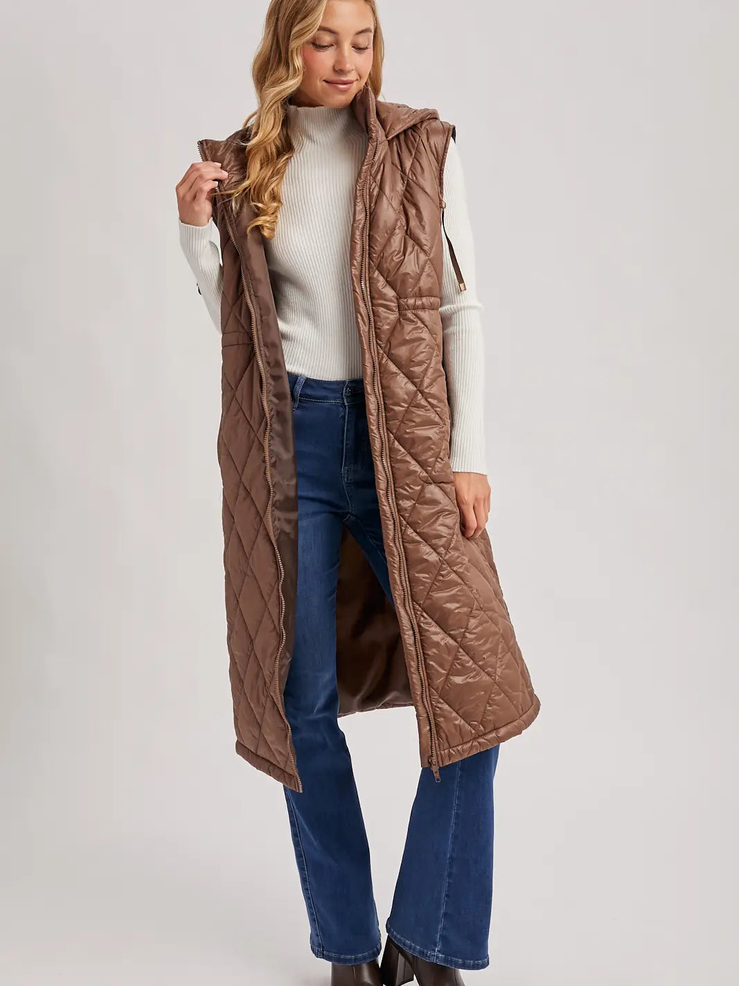 Diamond Quilt Puffer Long-Line Hooded Vest