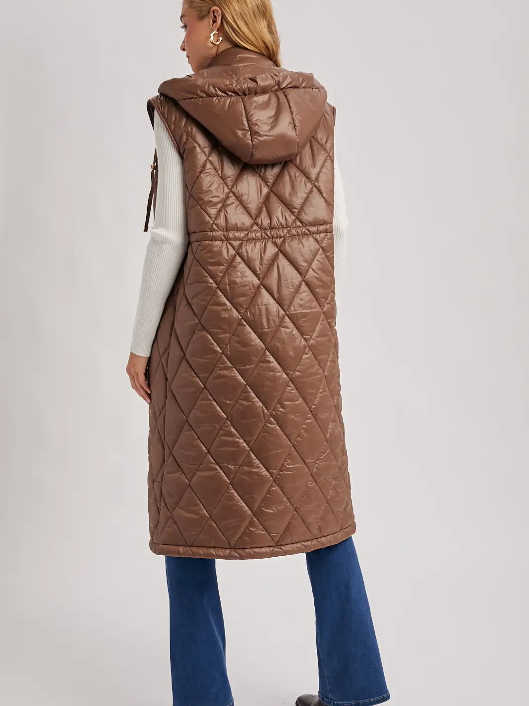 Diamond Quilt Puffer Long-Line Hooded Vest