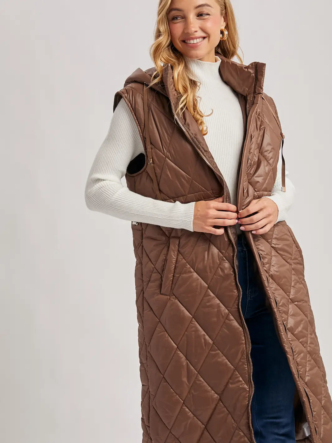 Diamond Quilt Puffer Long-Line Hooded Vest