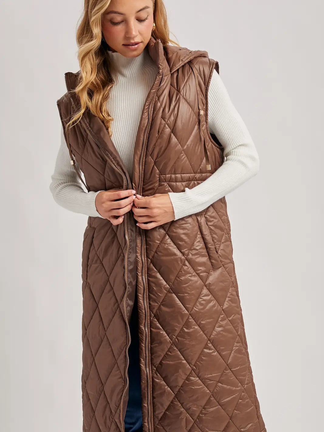 Diamond Quilt Puffer Long-Line Hooded Vest
