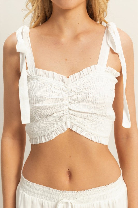Leaps & Bounds Cropped Tie Shoulder Top