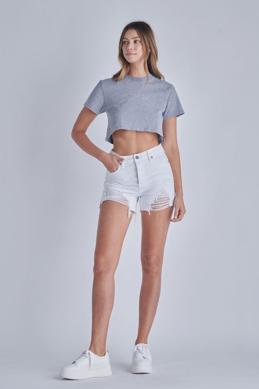 Sofie White Distressed Side Slit Mom Shorts
