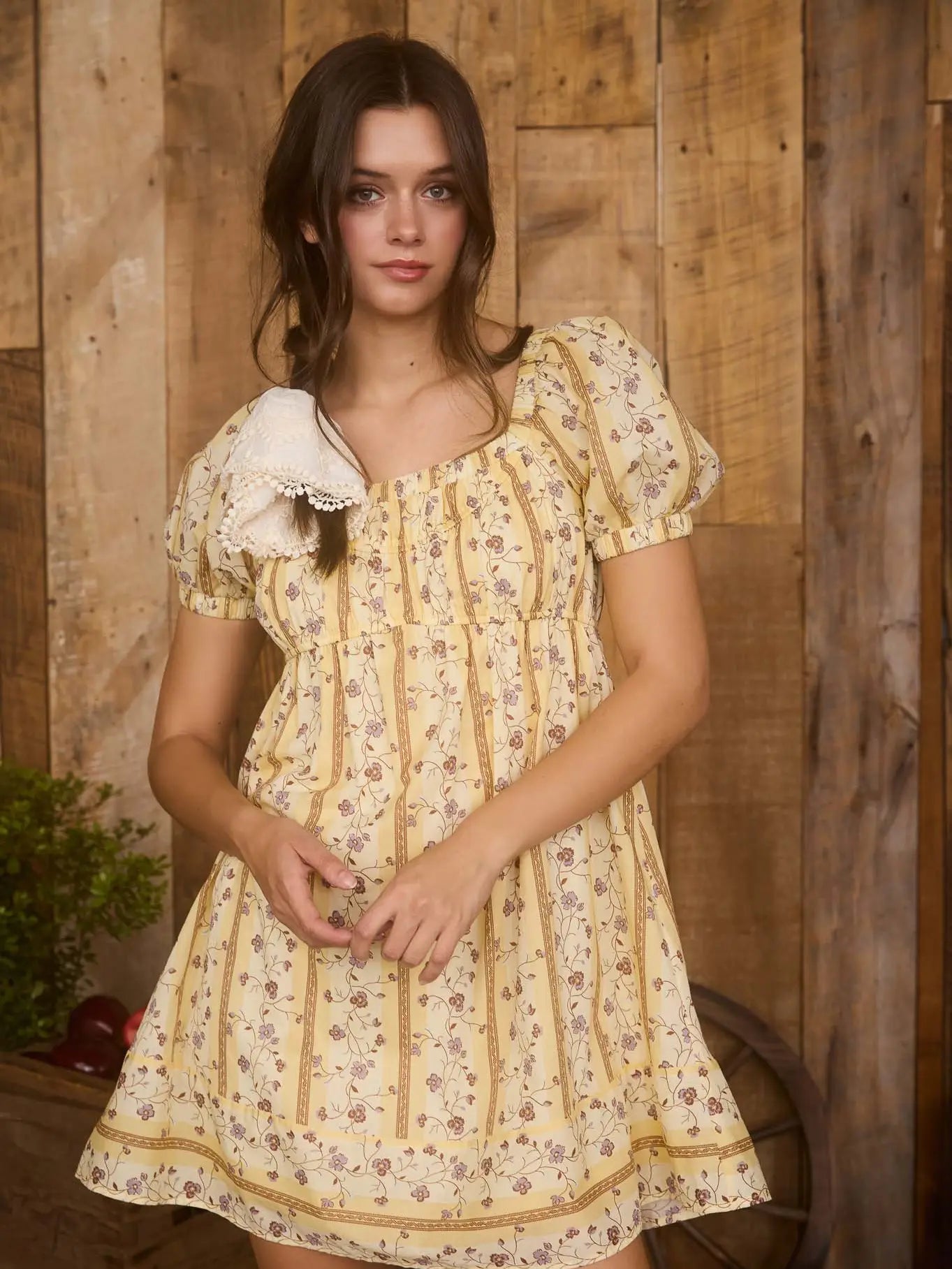 Age of Adeline Floral Stripe Pattern Short Puff Sleeve Mini Dress
