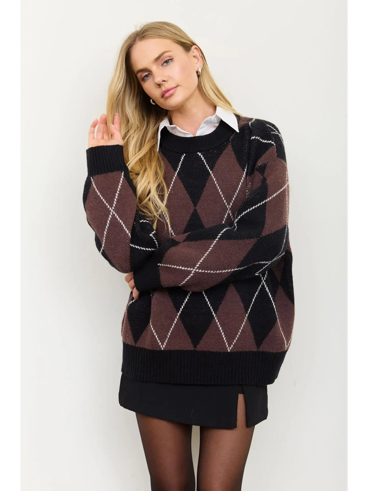 Oversized Argyle Crew Neck Knit Pullover