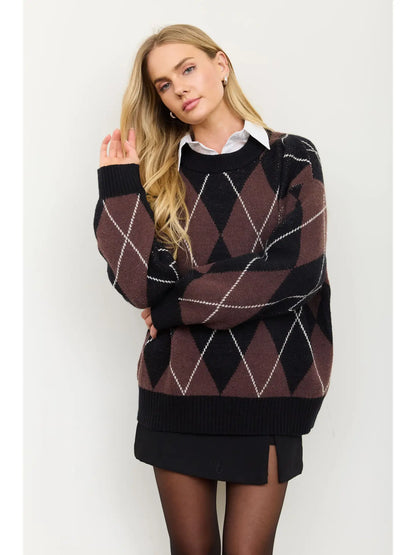 Oversized Argyle Crew Neck Knit Pullover