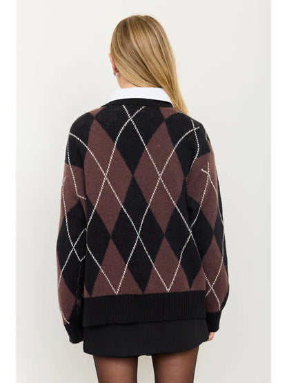 Oversized Argyle Crew Neck Knit Pullover