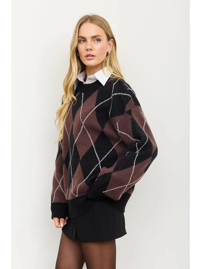 Oversized Argyle Crew Neck Knit Pullover