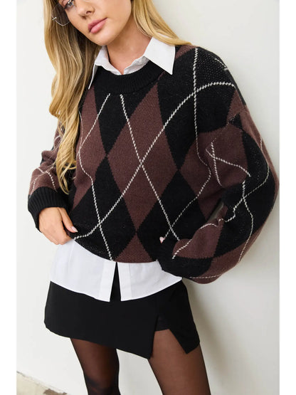 Oversized Argyle Crew Neck Knit Pullover