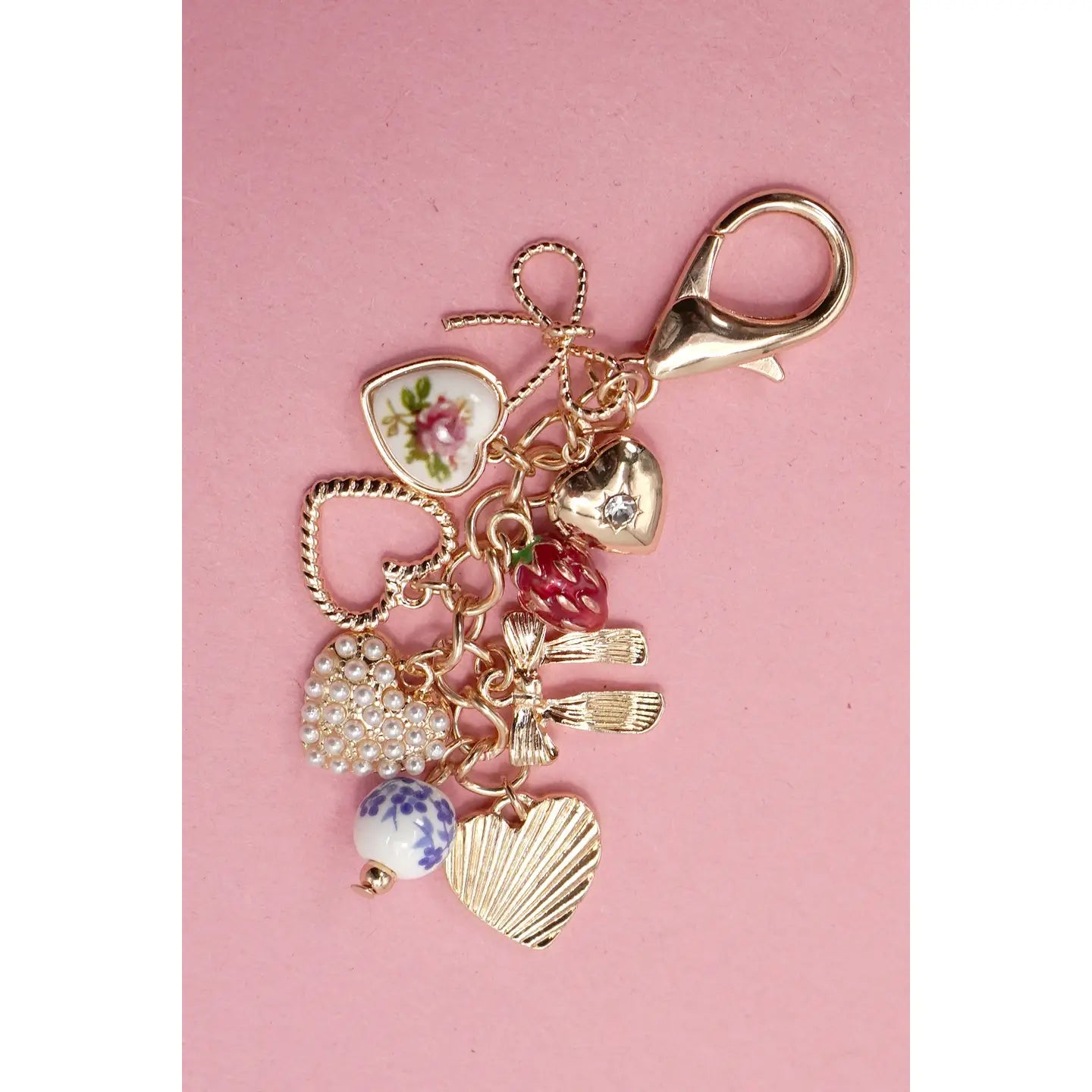 Porcelain Bows Hearts Pearl Strawberry Bag Charm