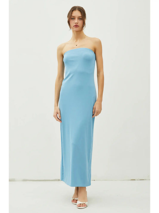 Solid Strapless Tube Maxi Dress with Back Slit