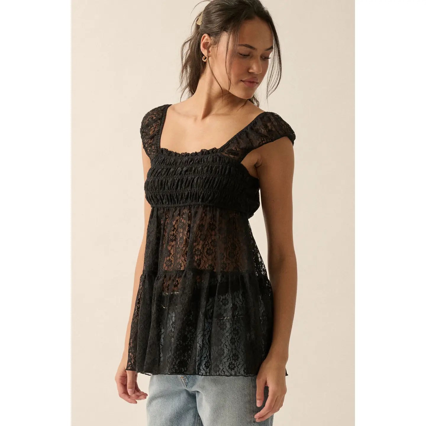 Divine Floral Lace Square-Neck Smocked-Bodice Top