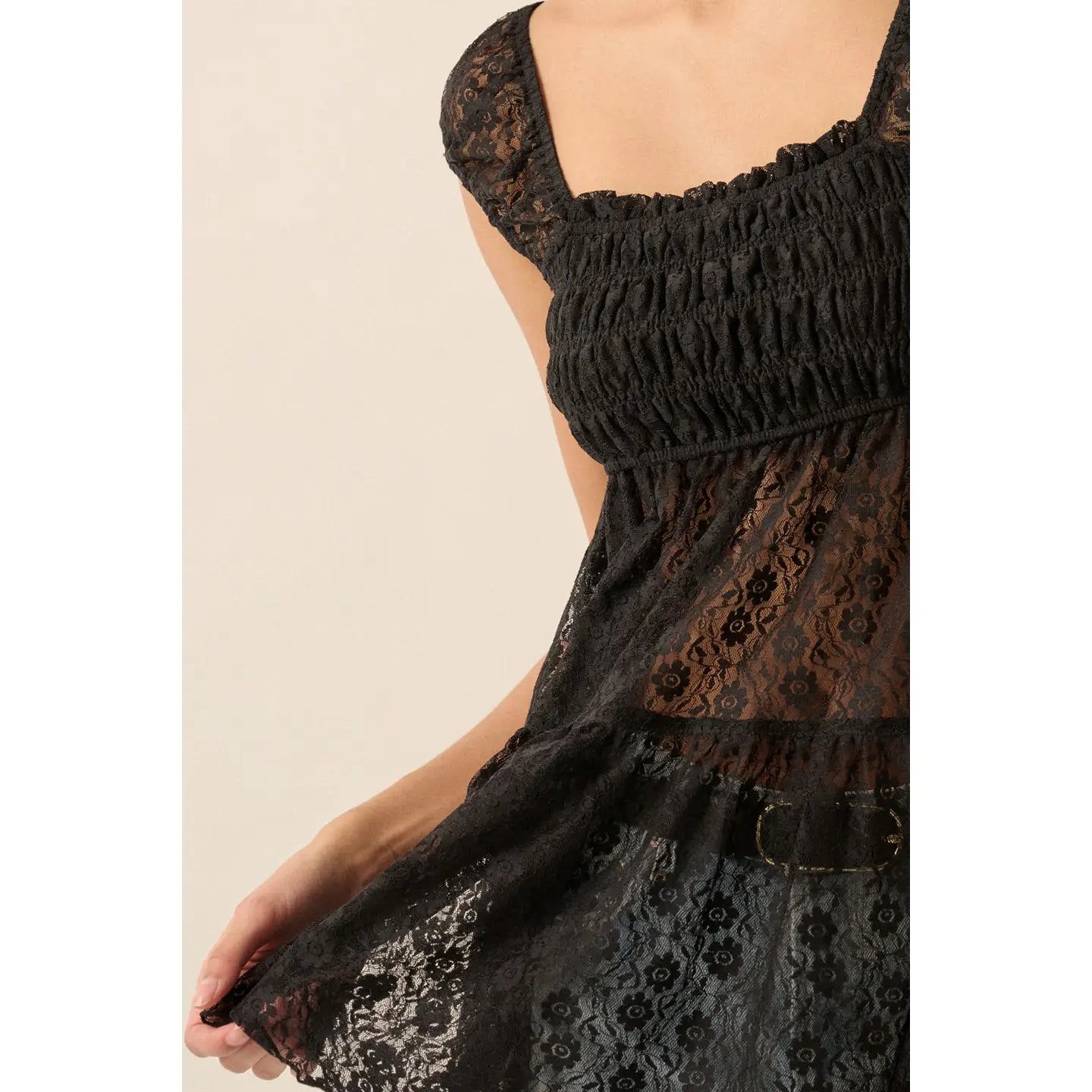 Divine Floral Lace Square-Neck Smocked-Bodice Top