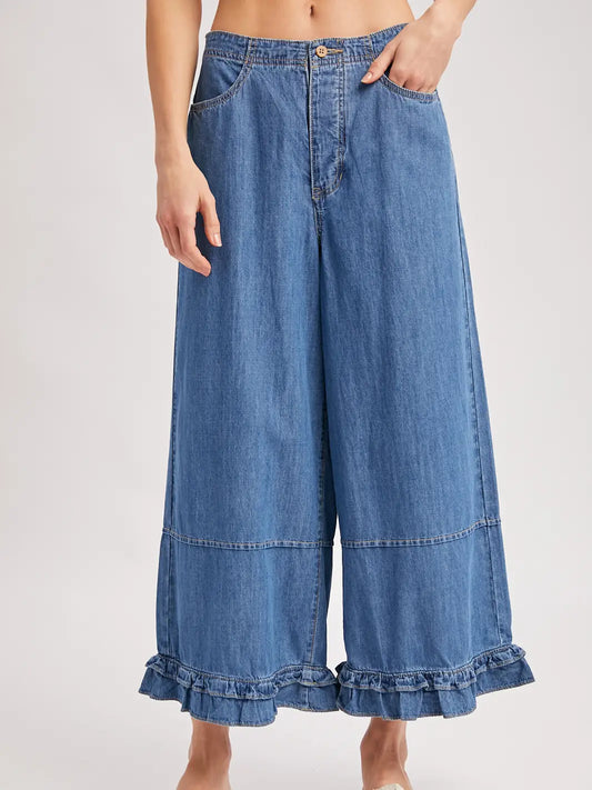 Shayla Denim Wide-Leg Ruffled Hem Bloomer Jeans