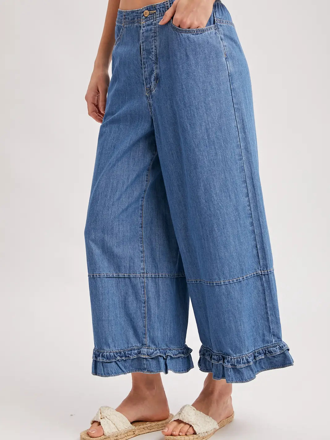 Shayla Denim Wide-Leg Ruffled Hem Bloomer Jeans