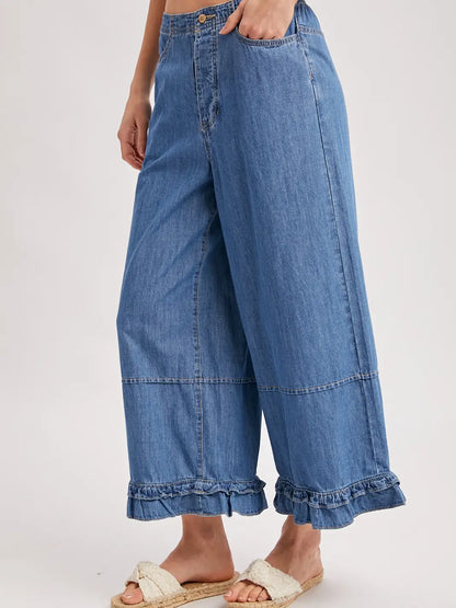 Shayla Denim Wide-Leg Ruffled Hem Bloomer Jeans