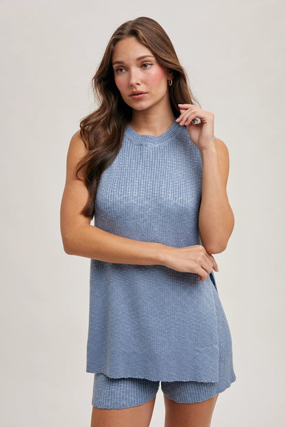 Nic Sleeveless Side Slit & Short Knit Sweater Set