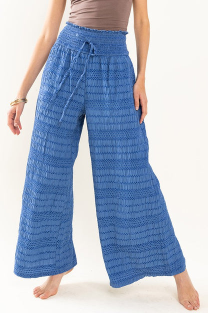 Textured Fabric Smocked Solid Wide Pants