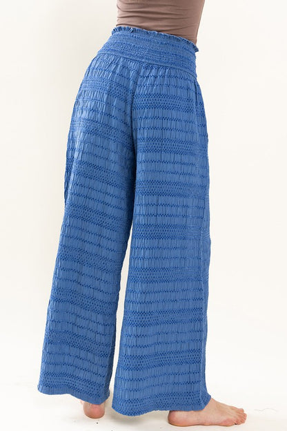 Textured Fabric Smocked Solid Wide Pants