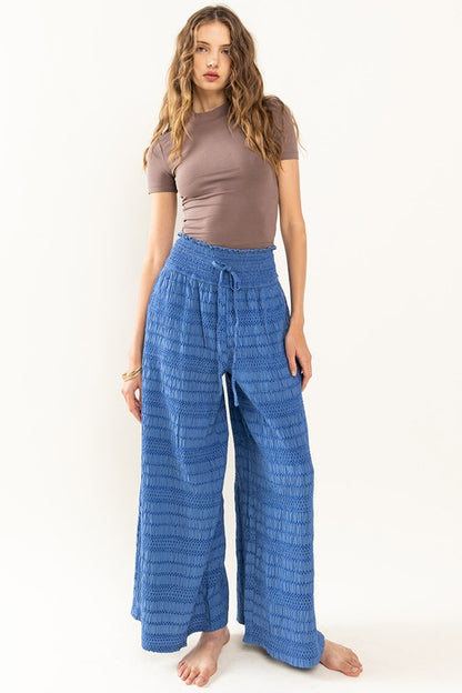 Textured Fabric Smocked Solid Wide Pants