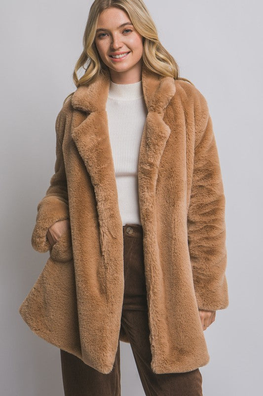 Brazzos Long Sleeve Faux Fur Coat