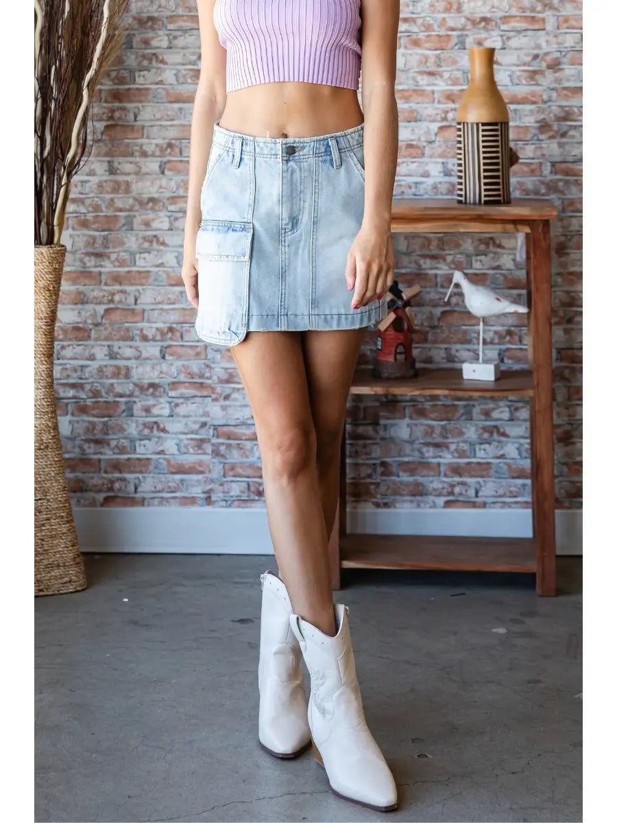 One Side Cargo Pocket Denim Mini Skirt