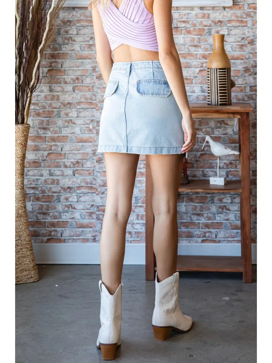 One Side Cargo Pocket Denim Mini Skirt