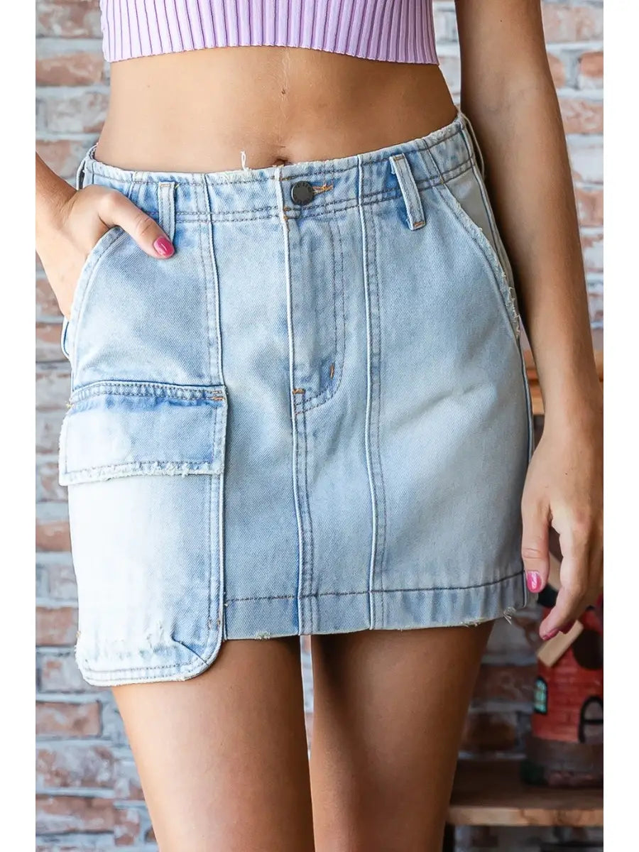 One Side Cargo Pocket Denim Mini Skirt