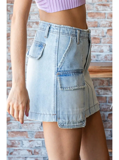 One Side Cargo Pocket Denim Mini Skirt