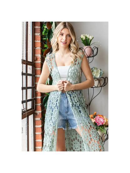 Jerica Crochet Sleeveless Long Cardigan