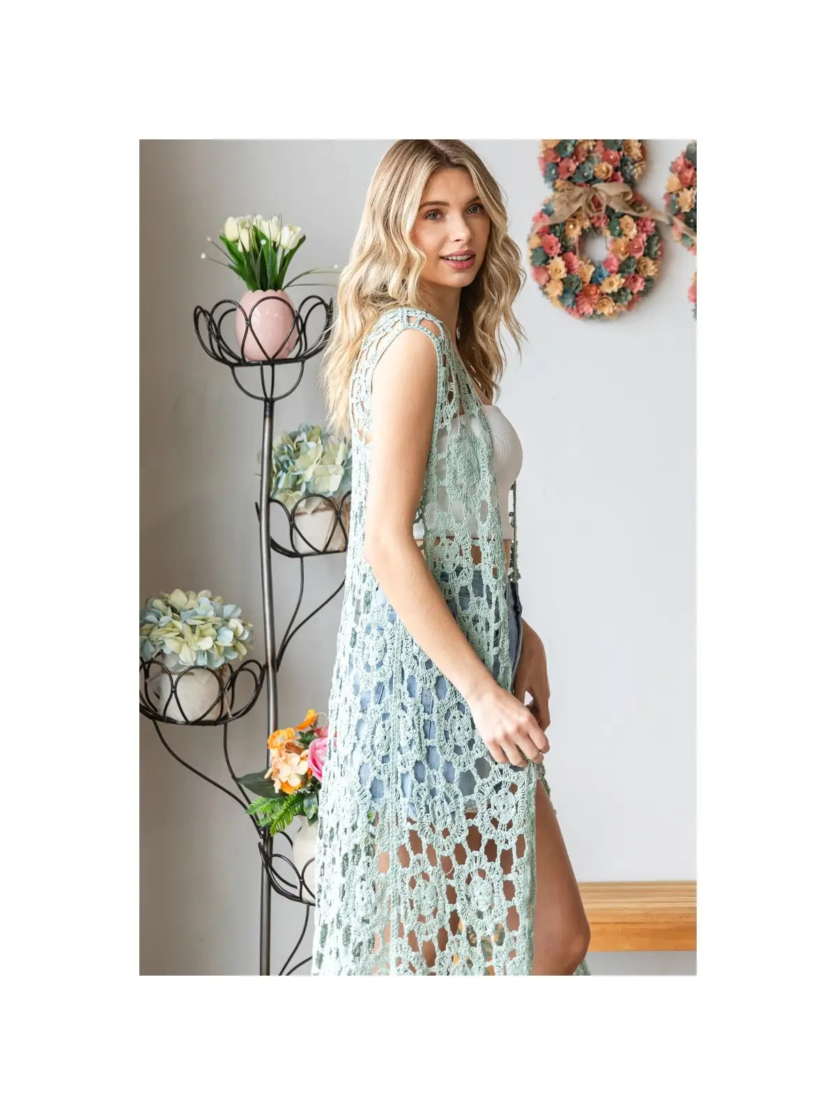 Jerica Crochet Sleeveless Long Cardigan