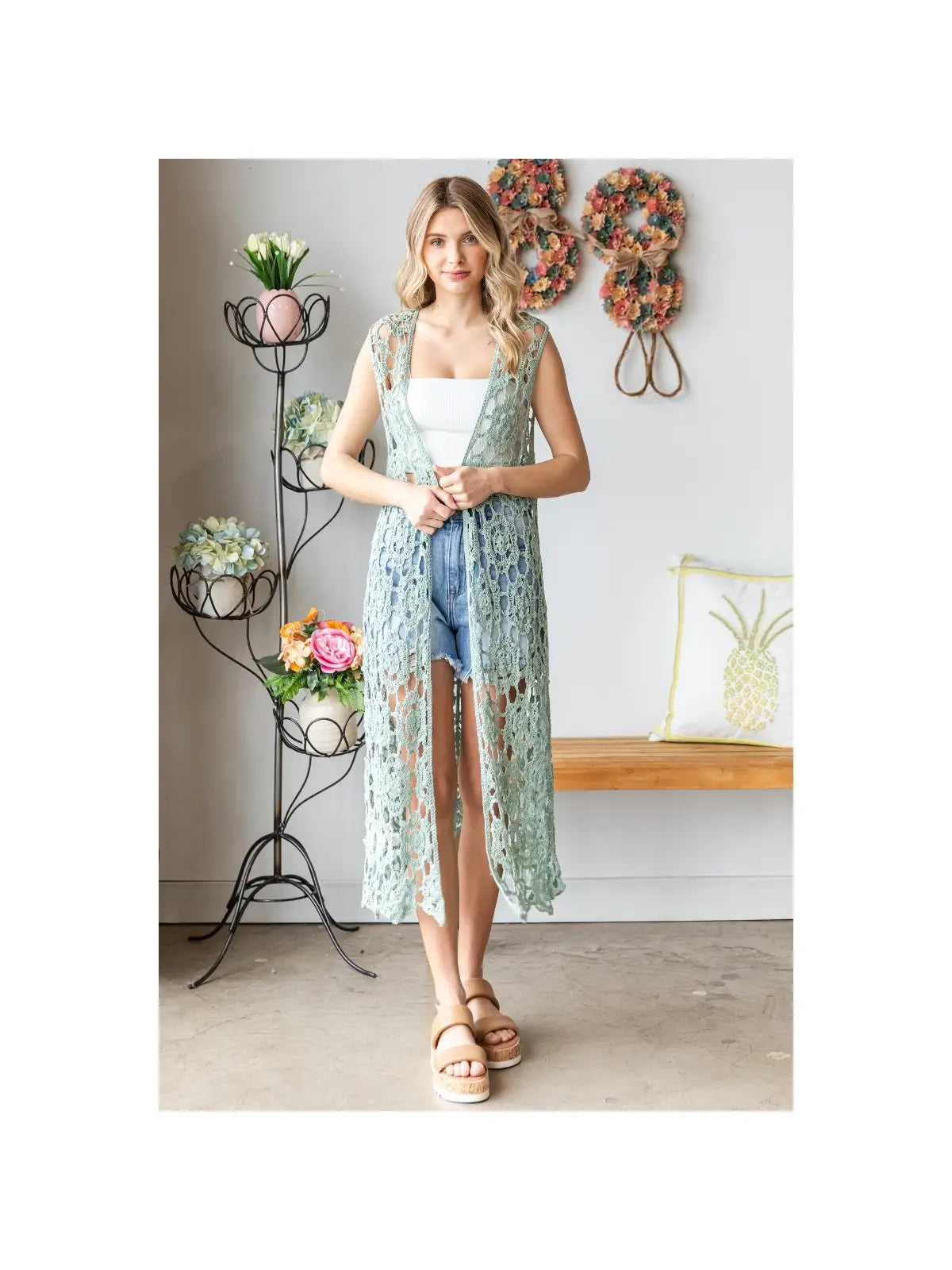 Jerica Crochet Sleeveless Long Cardigan