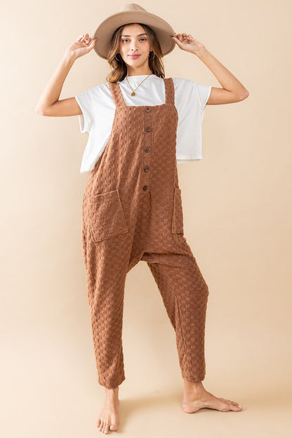 Lana Checkered Knit Button Front Overall Jumpsuit