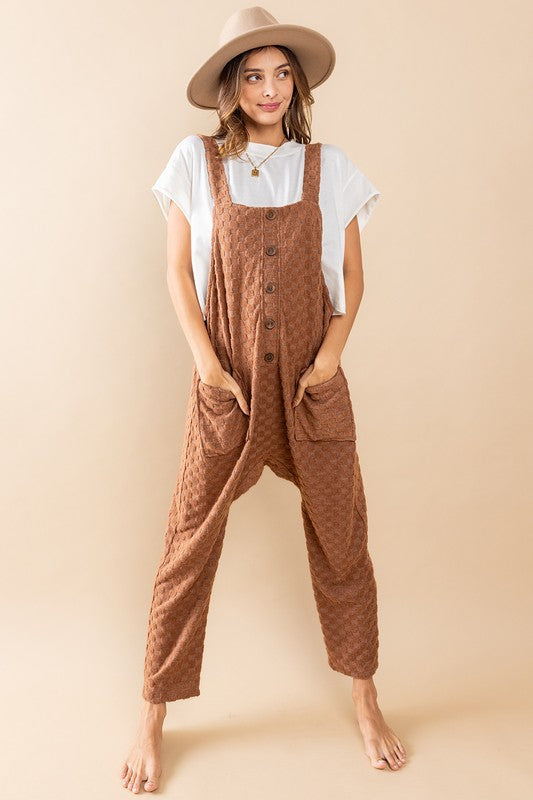 Lana Checkered Knit Button Front Overall Jumpsuit