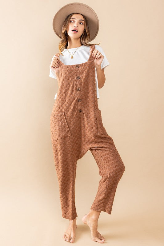 Lana Checkered Knit Button Front Overall Jumpsuit