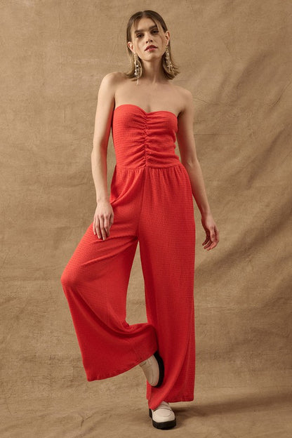 Smocked Jersey Strapless Wide-Leg Jumpsuit