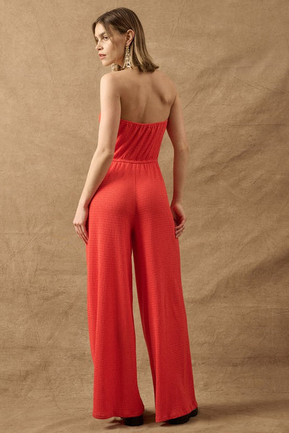 Smocked Jersey Strapless Wide-Leg Jumpsuit