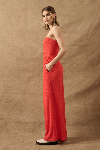 Smocked Jersey Strapless Wide-Leg Jumpsuit