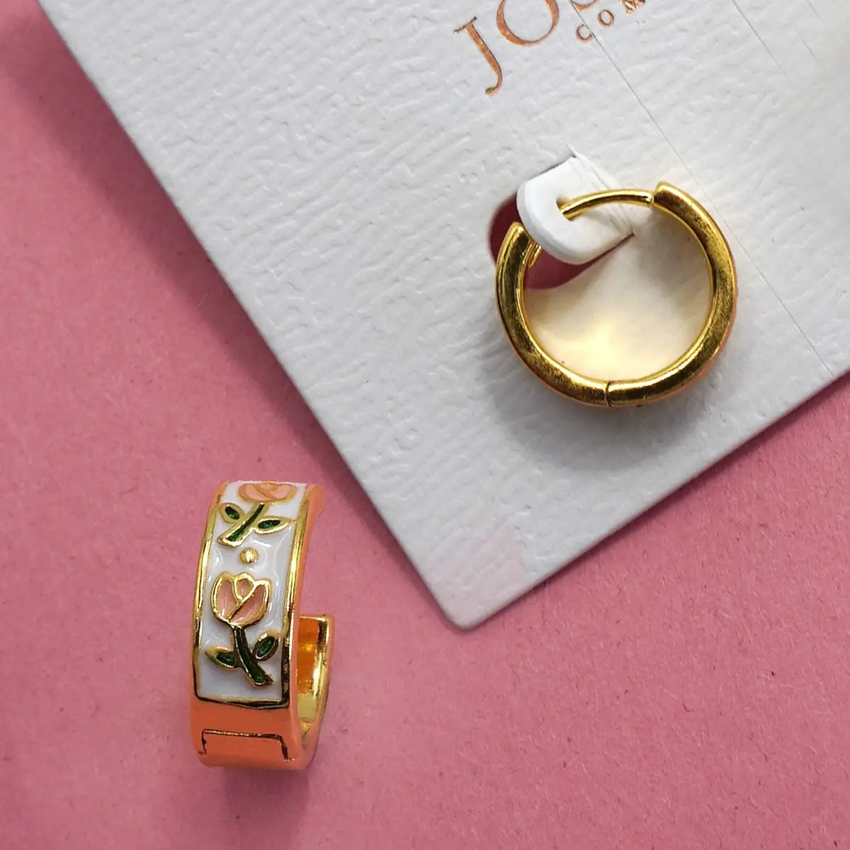 Vintage Cloisonne Floral Huggie Hoop Earrings