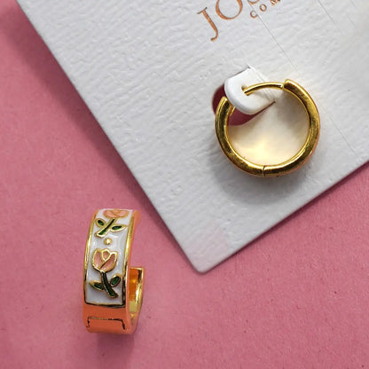 Vintage Cloisonne Floral Huggie Hoop Earrings