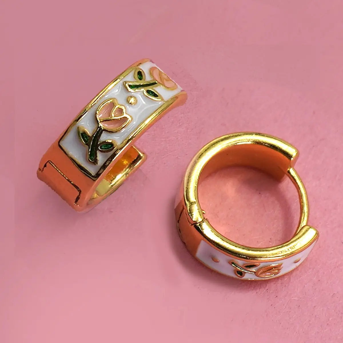 Vintage Cloisonne Floral Huggie Hoop Earrings