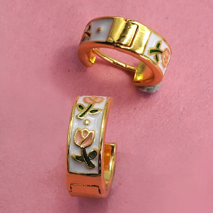 Vintage Cloisonne Floral Huggie Hoop Earrings