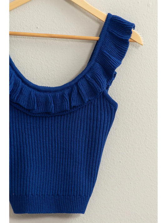 Raffie Ribbed Ruffle Cropped Sweater Top