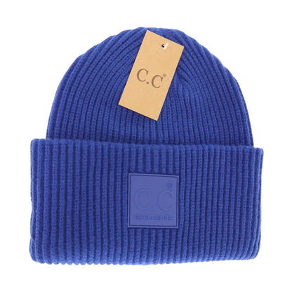 Solid Ribbed Beanie with Rubber Patch