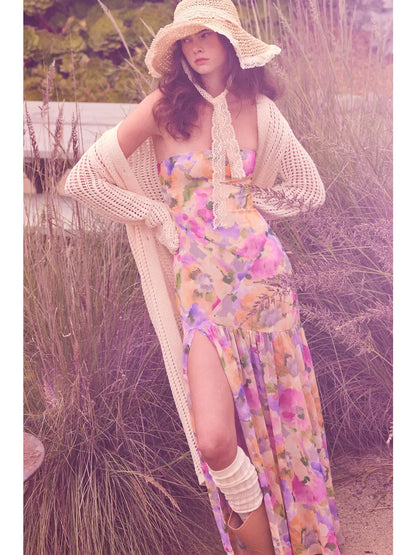 Frankie Floral Chiffon Strapless Asymmetrical Maxi Dress