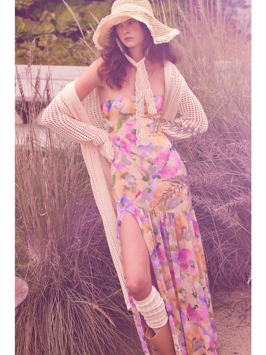 Frankie Floral Chiffon Strapless Asymmetrical Maxi Dress