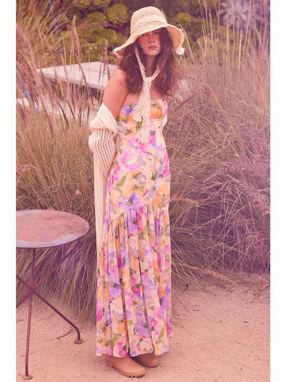 Frankie Floral Chiffon Strapless Asymmetrical Maxi Dress