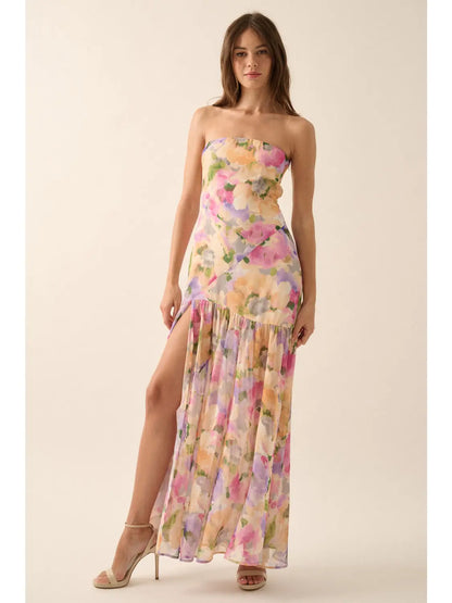 Frankie Floral Chiffon Strapless Asymmetrical Maxi Dress