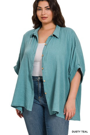 Curvy Gauze 3/4 Sleeve Button Up Shirt