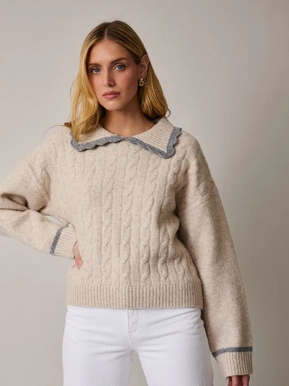 Esther Collared Long Sleeve Cable Sweater
