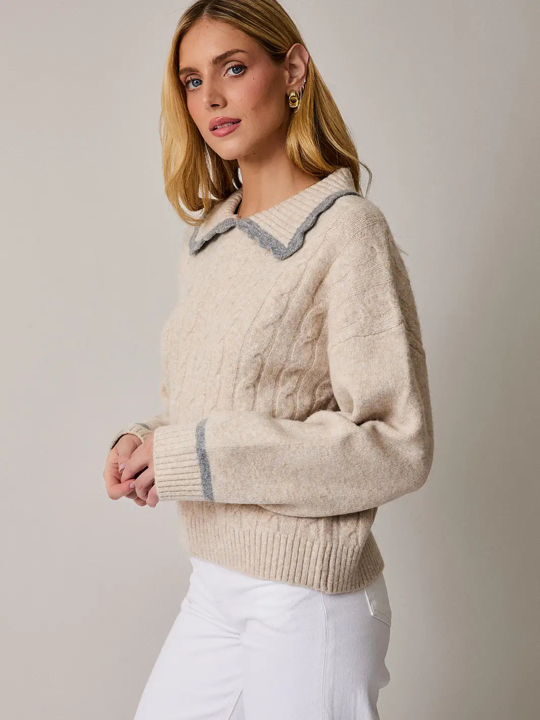 Esther Collared Long Sleeve Cable Sweater